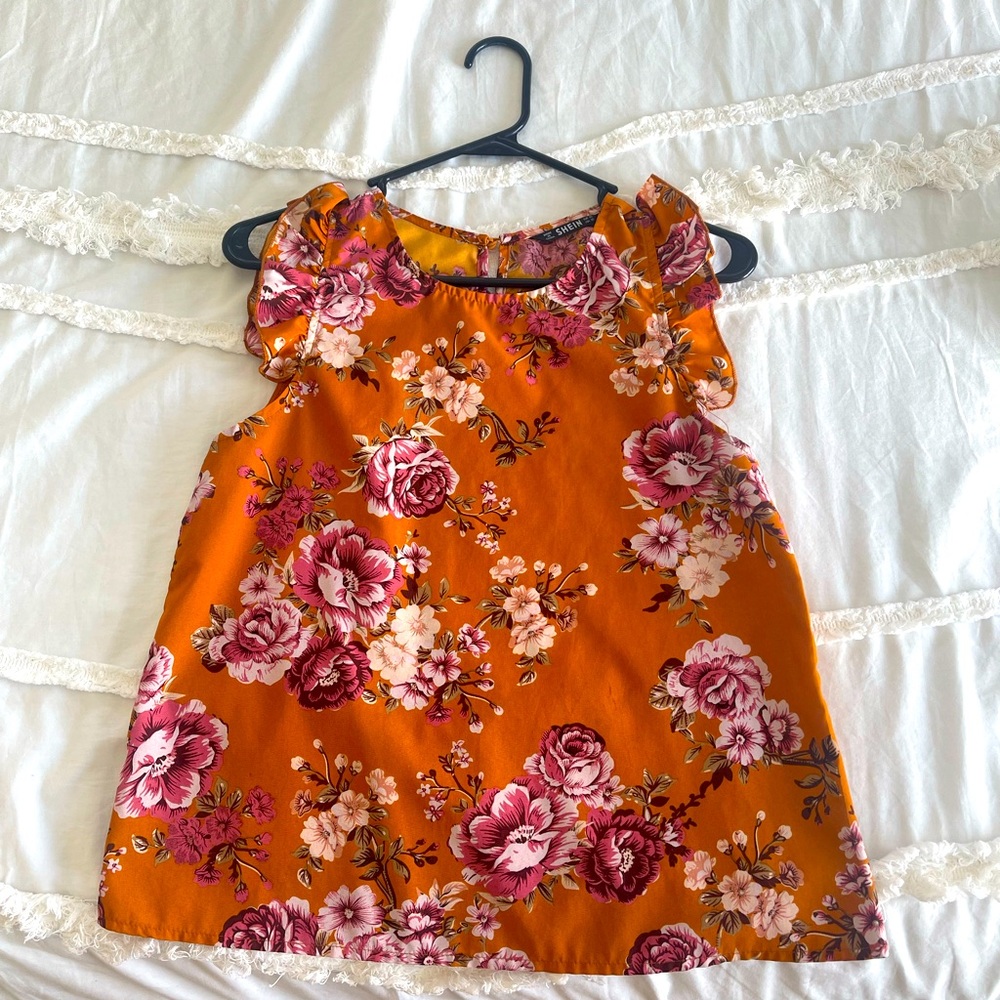 Orange Floral Tank top with partial Butterfly Sleeve